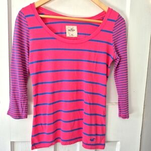 Hollister Vintage Y2K Scoop Neck 3/4 Sleeve Pink Blue Striped Rugby Top Sz Xs